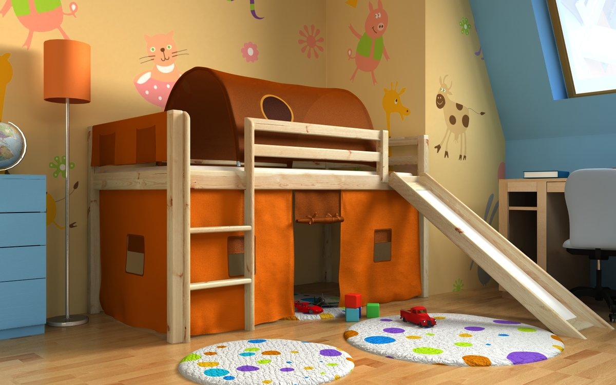 Loft bed Gabi with slide, tunnel a pockets pine banaby.eu
