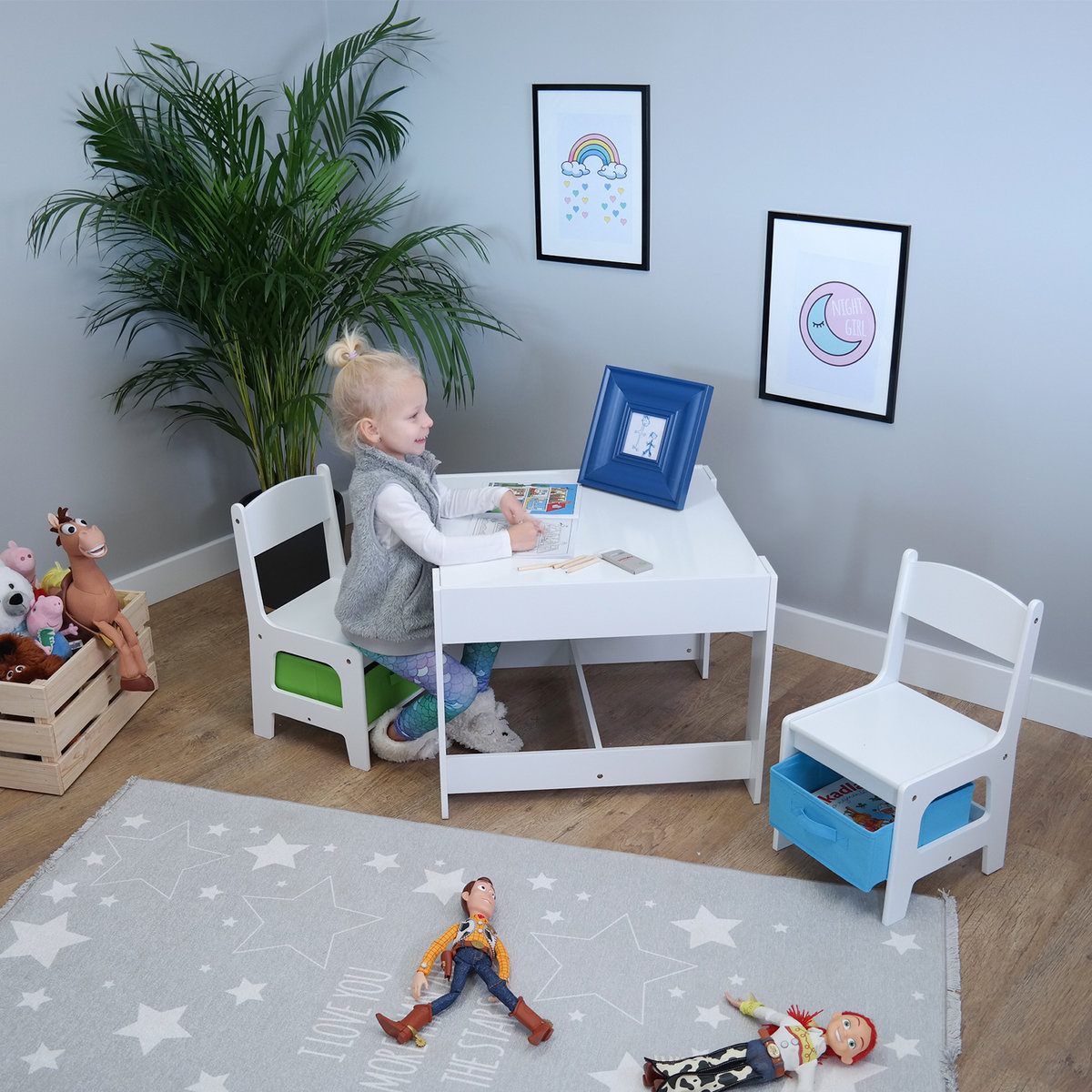 Ourbaby children's table with chairs with green and blue storage box