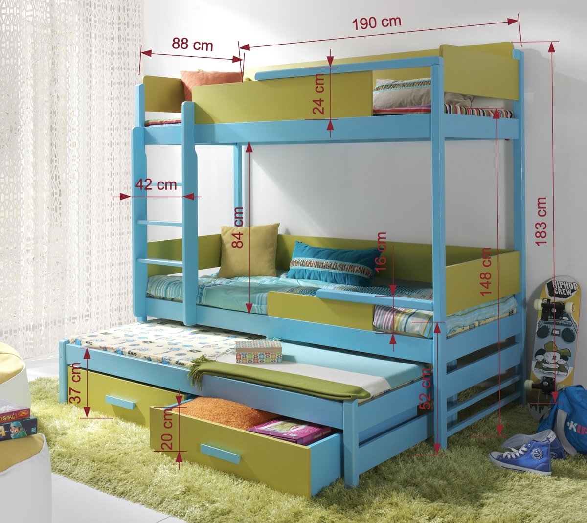 Ourbaby bunk bed with extra bed Quatro blue banaby.eu