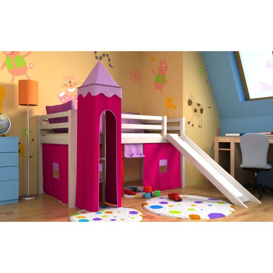 Loft bed Gabi with tower and a slide for children- white