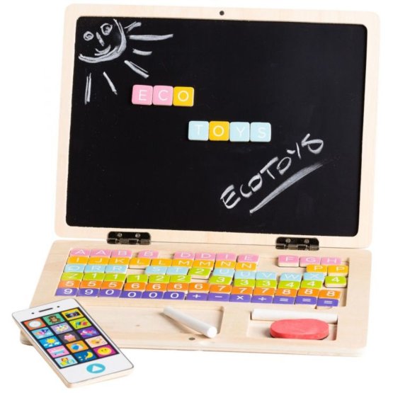 Wooden laptop for children with magnetic board