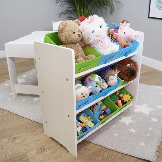 Ourbaby toy organizer with blue and green boxes