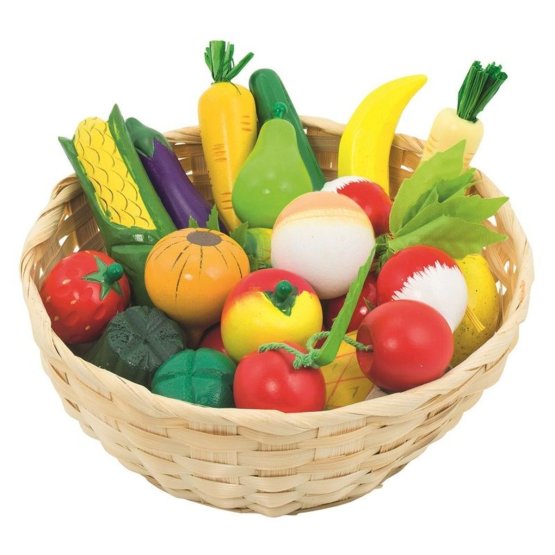 Wooden fruits and vegetables in a basket of 21 pcs