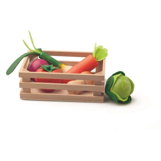 Wooden vegetables in a crate