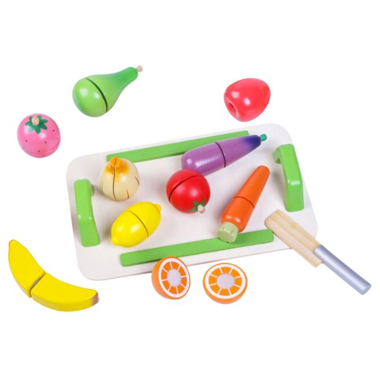 Fruits and vegetables with a cutting board