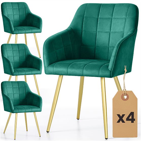 4x Upholstered Chair with Square Quilting Bottle Green LUXANO Gold Legs
