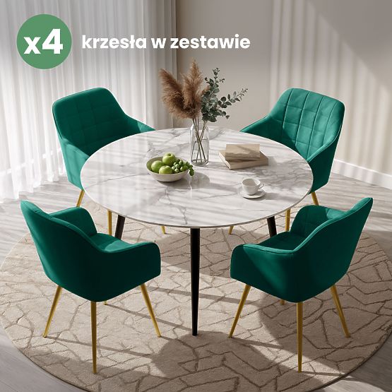 4x Upholstered Chair with Square Quilting Bottle Green LUXANO Gold Legs