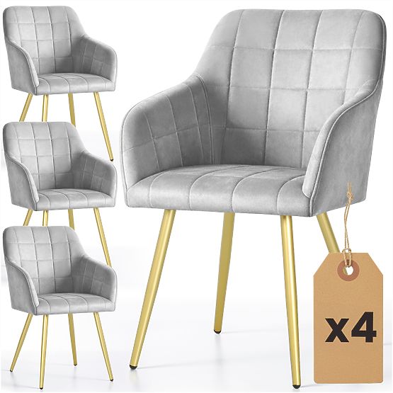 4x Upholstered Chair with Square Quilting Gray LUXANO Gold Legs