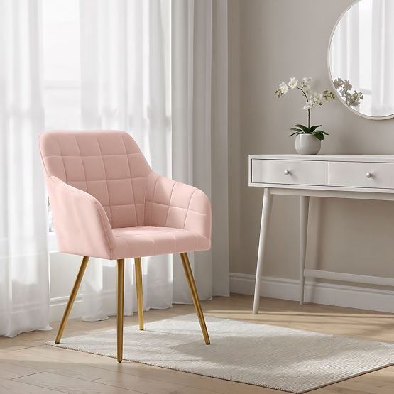 4x Upholstered Chair with Square Quilting Powder Pink LUXANO Gold Legs