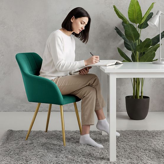 6x Upholstered Chair with Square Quilting Emerald Green LUXANO Gold Legs