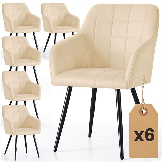 6x Upholstered Chair with Square Stitching Beige LUXANO Black Legs