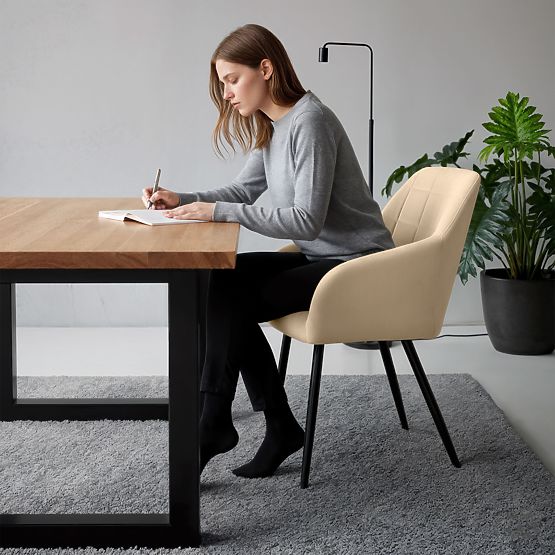 6x Upholstered Chair with Square Stitching Beige LUXANO Black Legs