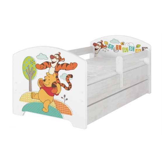 Baby bed with a barrier - Winnie the Pooh and a tiger - Norwegian pine decor