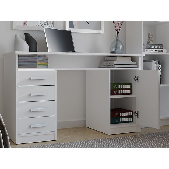 ADA WHITE DESK 125 Cm 4 Drawers Cabinet Shelves for Office Room Laptop
