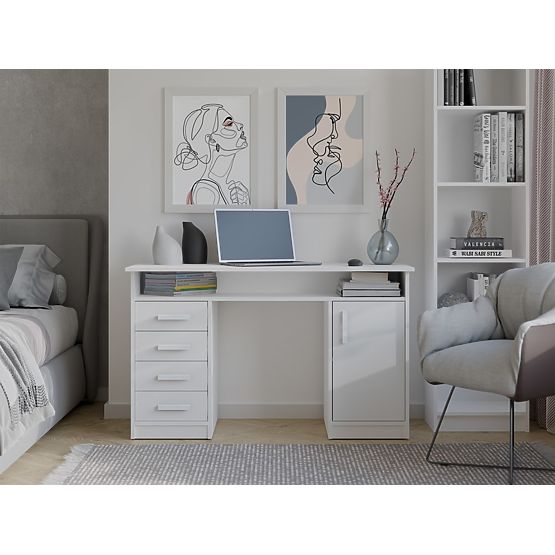 ADA WHITE DESK 125 Cm 4 Drawers Cabinet Shelves for Office Room Laptop