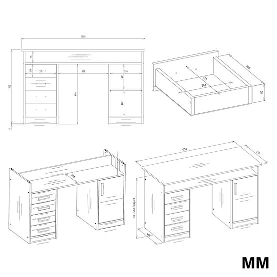 ADA WHITE DESK 125 Cm 4 Drawers Cabinet Shelves for Office Room Laptop