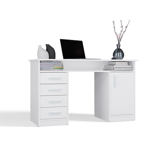 ADA WHITE DESK 125 Cm 4 Drawers Cabinet Shelves for Office Room Laptop