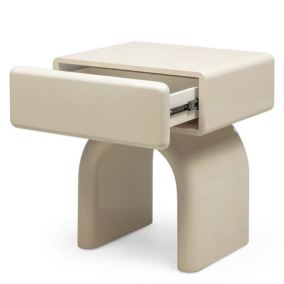Bedside Table with Drawer Blush, Cream White, Glossy, Arched Shape