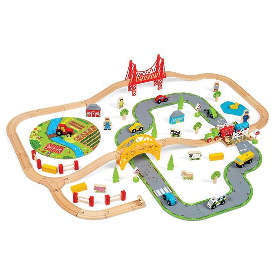 Bigjigs Rail Wooden train track with country road 80 parts