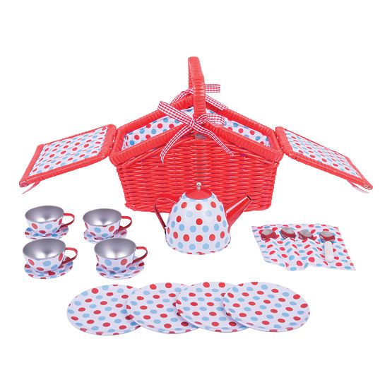 Bigjigs Toys Polka Dot Tea Set in Picnic Basket