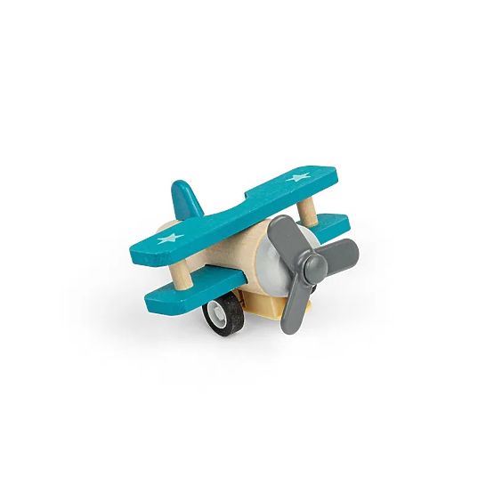 Bigjigs Toys Wooden Wind-Up Plane Biplane Blue