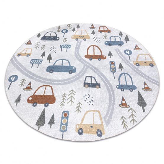 BONO 8436 Round Rug Cars, Streets Cream / Light Gray