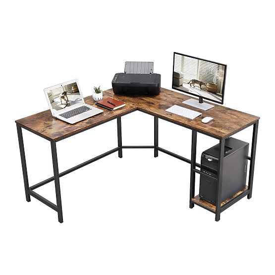 Brown Corner Computer Desk with Steel Frame and Two Shelves