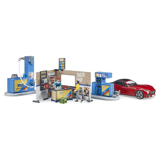 Bruder Gas Station with Car and 2 Figures