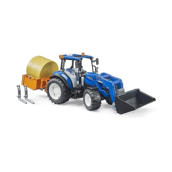 Bruder Tractor New Holland T5.120 with Front Loader, Tipping Trailer, Forks, and Round Bale