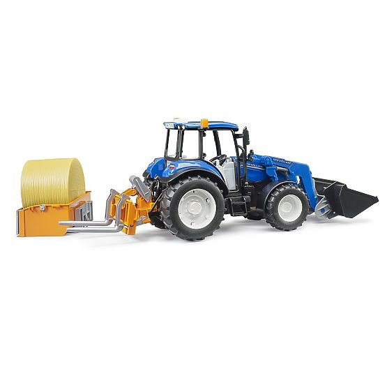 Bruder Tractor New Holland T5.120 with Front Loader, Tipping Trailer, Forks, and Round Bale