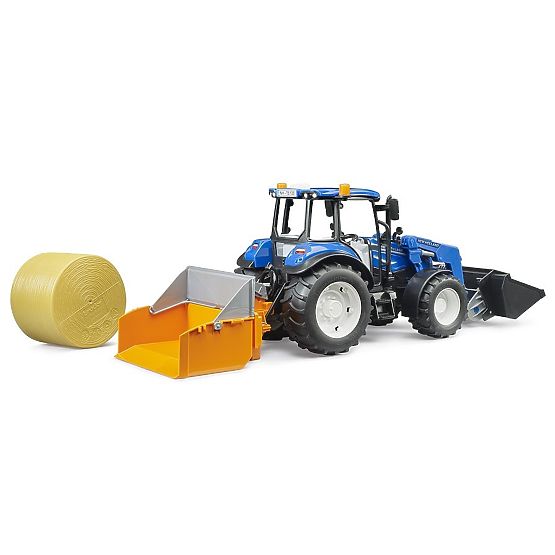 Bruder Tractor New Holland T5.120 with Front Loader, Tipping Trailer, Forks, and Round Bale