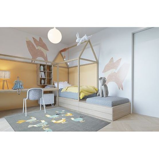 Carpet PASTEL 18413/072 - Chicks Roosters Gray Turquoise