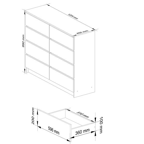 CHEST OF DRAWERS K 120 cm 8 DRAWERS ALDER