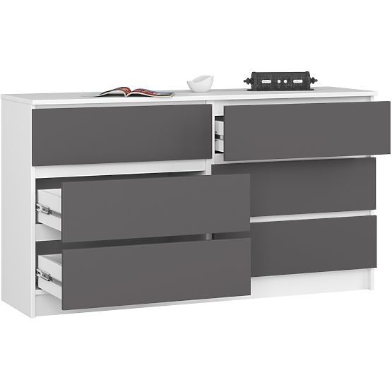 Chest of Drawers K 140 cm 6 Drawers PK White-Graphite Gray