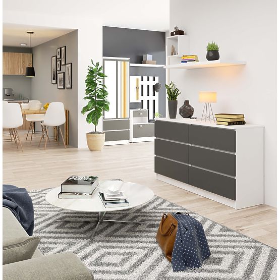 Chest of Drawers K 140 cm 6 Drawers PK White-Graphite Gray