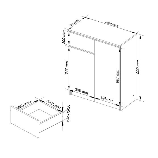 CHEST OF DRAWERS K80 2D 1SZ CLP PK WHITE GLOSS