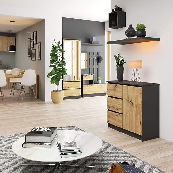 CHEST OF DRAWERS K80 JERRY 1D 3SZ PK GRAPHITE GRAY / ARTISAN OAK