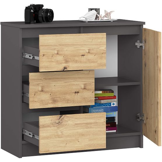 CHEST OF DRAWERS K80 JERRY 1D 3SZ PK GRAPHITE GRAY / ARTISAN OAK
