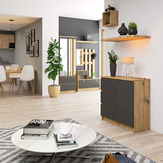 CHEST OF DRAWERS K80 JERRY 1D 3SZ PK OAK ARTISAN / GRAPHITE GRAY