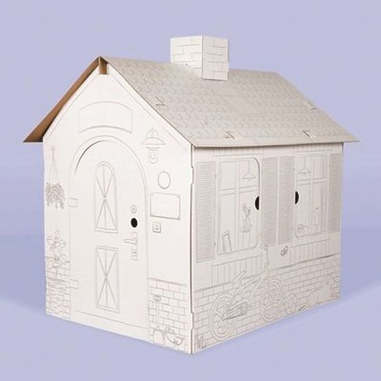 Children's cardboard house with a chimney