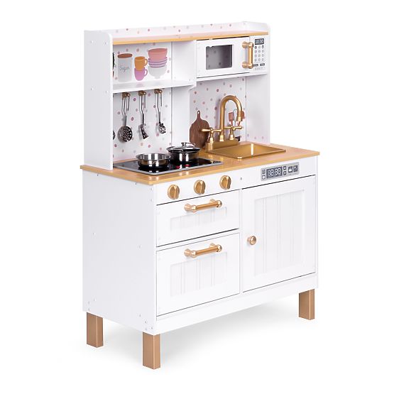 Children's Kitchen with Sounds and LED Wooden Large Opening Cabinets 7 Accessories ECOTOYS