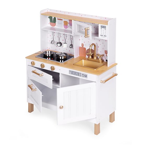 Children's Kitchen with Sounds and LED Wooden Large Opening Cabinets 7 Accessories ECOTOYS