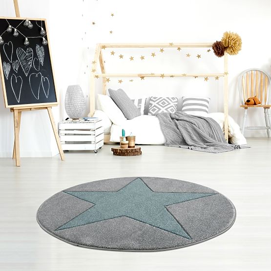 Children's round carpet STAR silver-gray/ mint