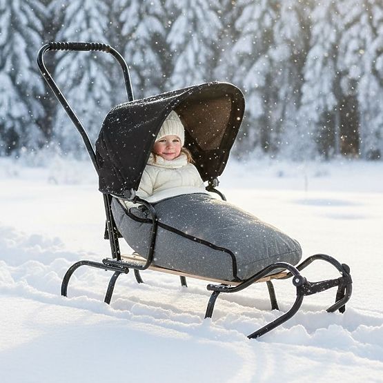 Children's sled with backrest and hood - dark gray / melange