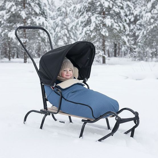 Children's sled with backrest and hood - jeans / melange