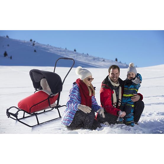 Children's sled with backrest and hood - red