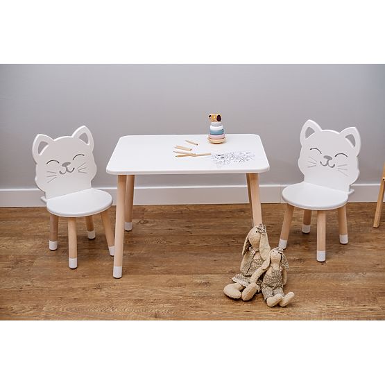Children's Table with Chairs - Cat - White