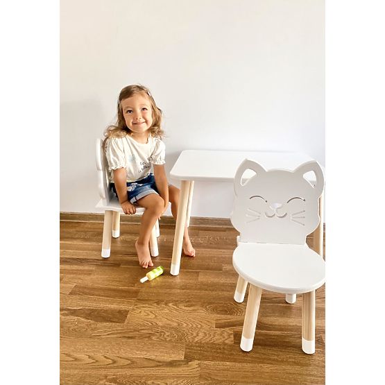 Children's Table with Chairs - Cat - White