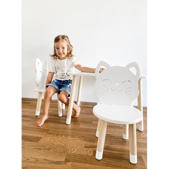 Children's Table with Chairs - Cat - White