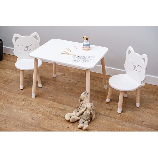 Children's Table with Chairs - Cat - White